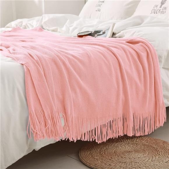 Decorative Knitted Throw Blanket with Fringe, Lightweight Blanket Acrylic Knit - Picture 4 of 7